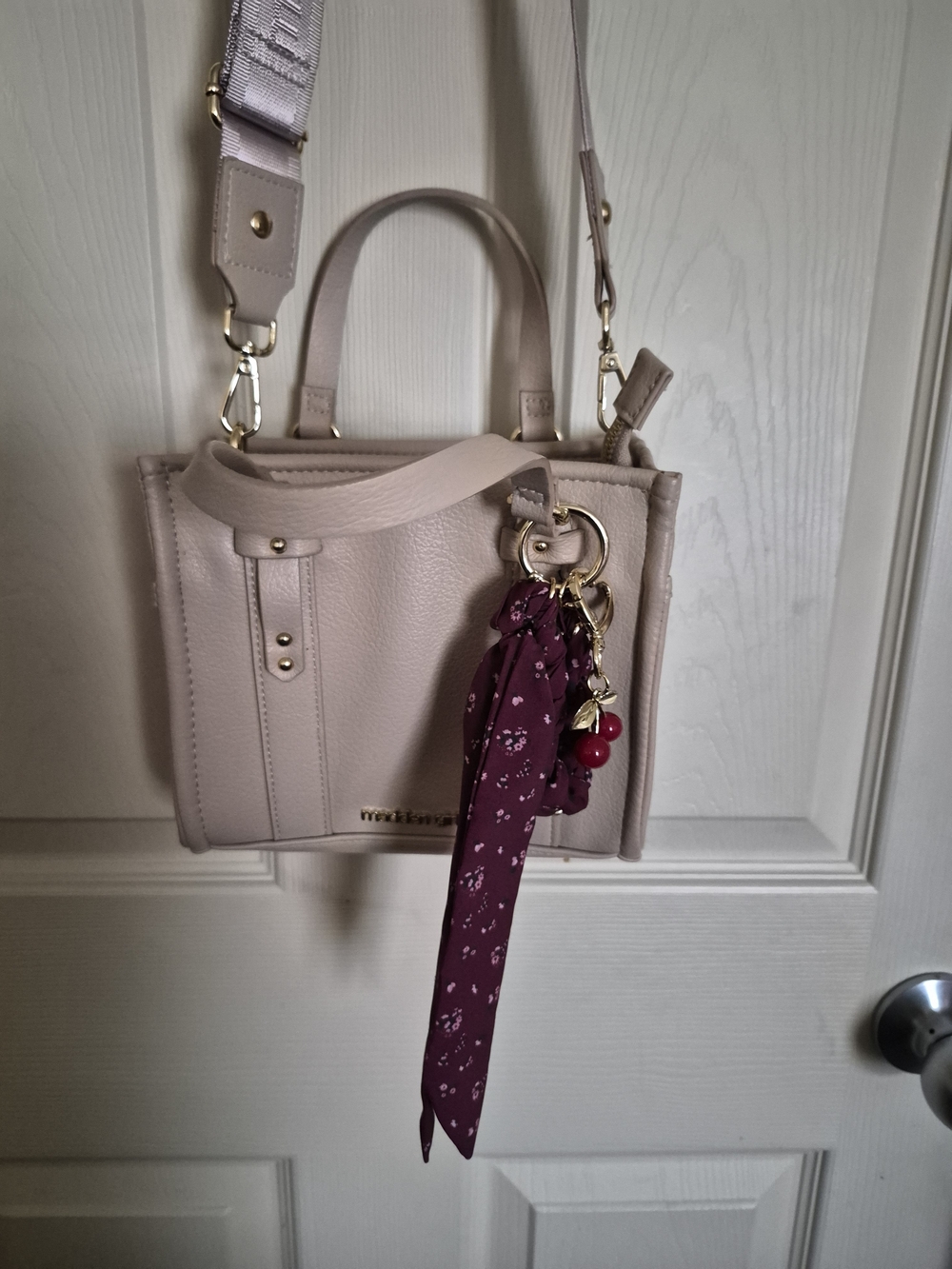 Madden Girl Cream Mini Tote with Detachable Strap and Burgundy Scarf Charm